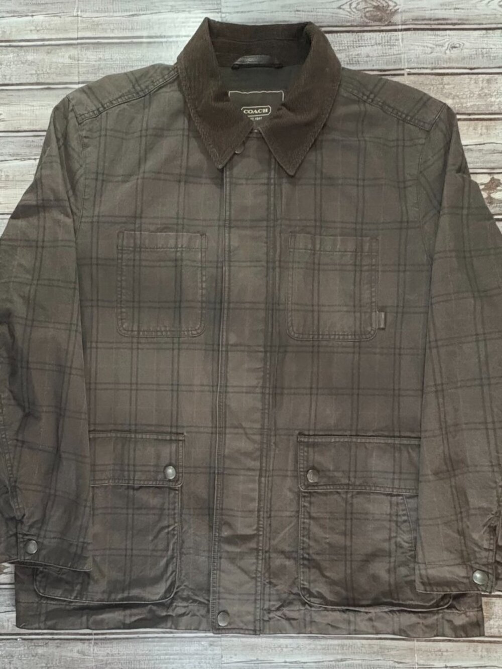 Coach corduroy neck barn Utility Field chore Jacket color brown plaid size 2XL